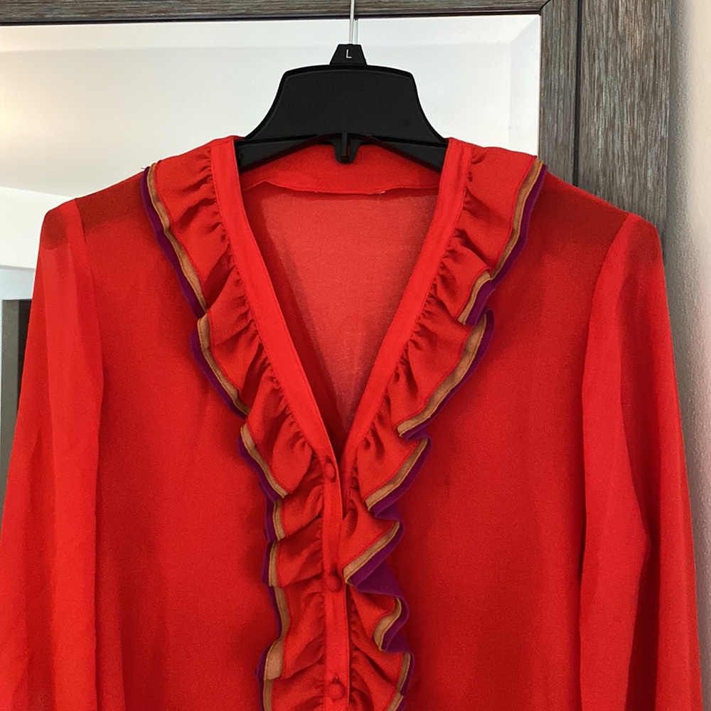 Sheer Button Up Red Blouse, Tiered Ruffle Multi-C… - image 2